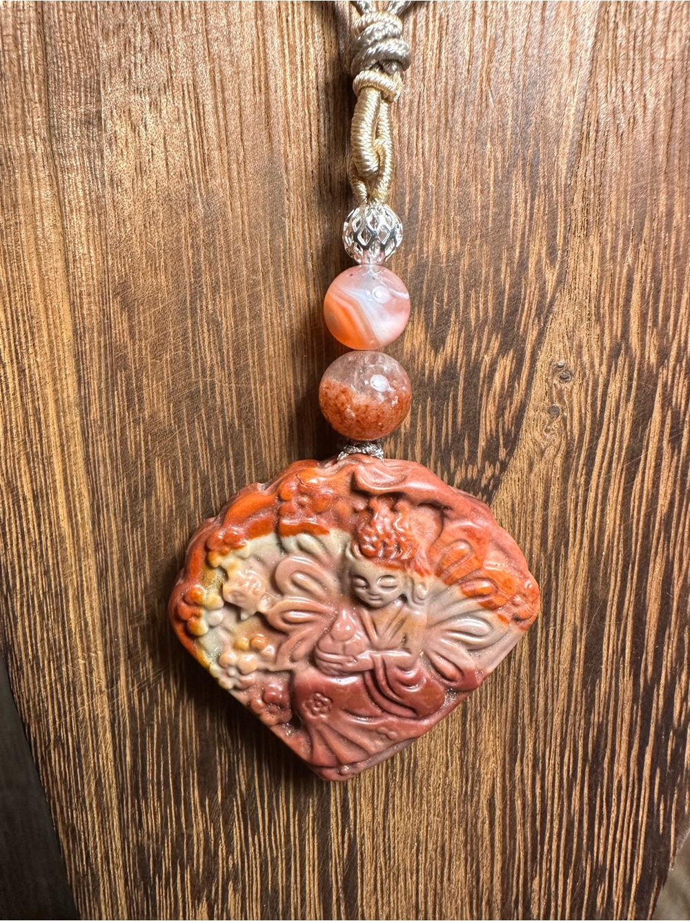 Orange and Tan Alashan Agate Fairy Pendant Necklace with Garden Quartz on Rope